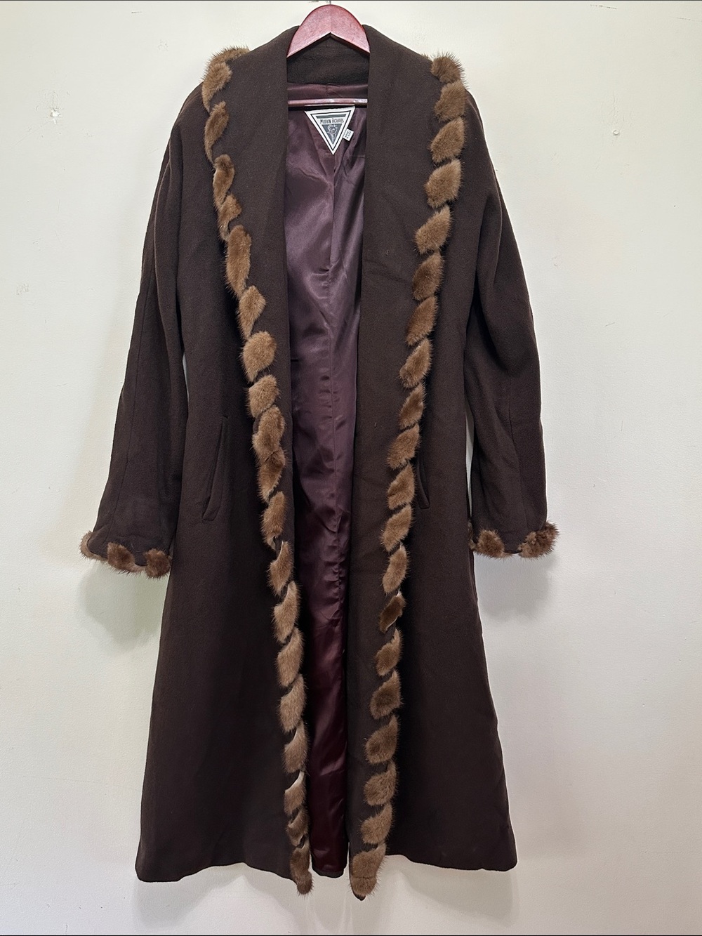 Marvin Richards Dark Brown Wool Coat with Light Brown Genuine Fur Trim